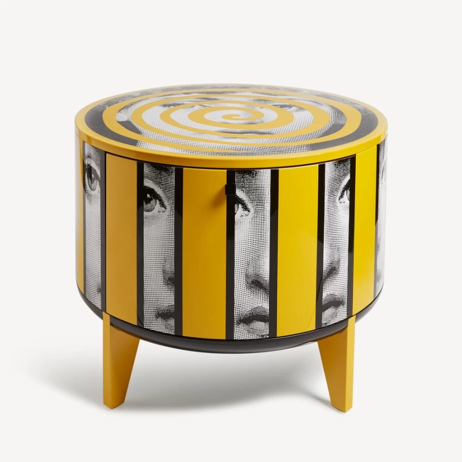 Fornasetti Tamburo Table Rigalina - White, Black & Yellow Decorative Ceramic Side Table