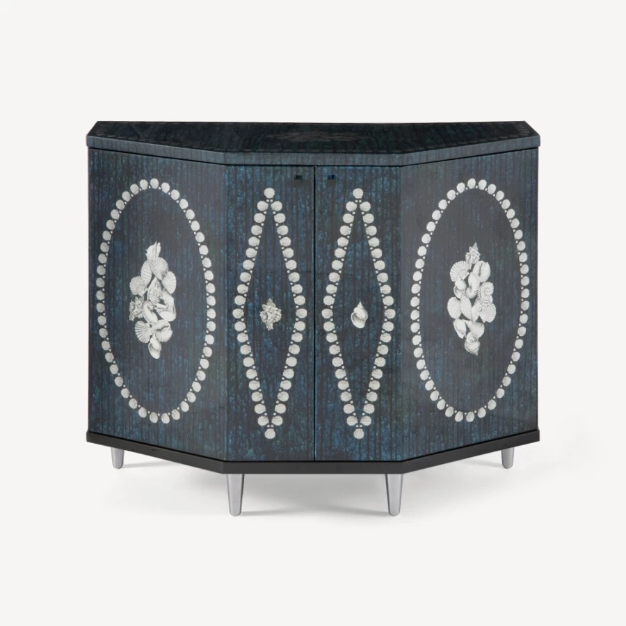 Fornasetti Silver and Blue Polyhedric Small Cabinet with Conchiglie Design