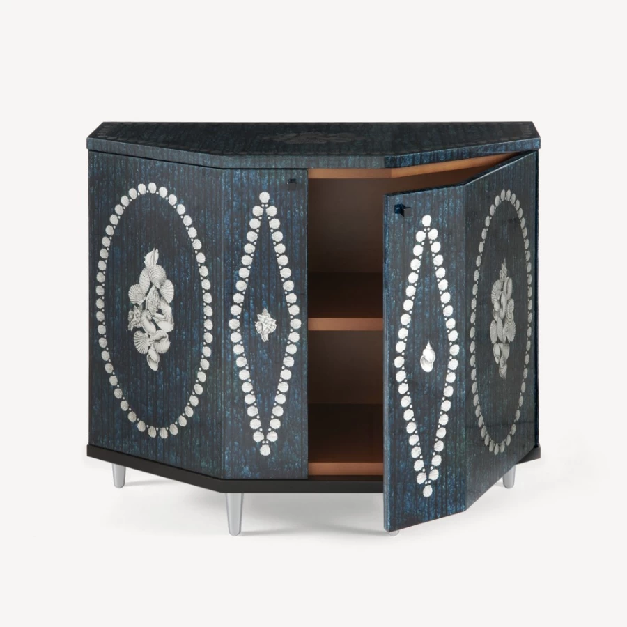 Fornasetti Silver and Blue Polyhedric Small Cabinet with Conchiglie Design