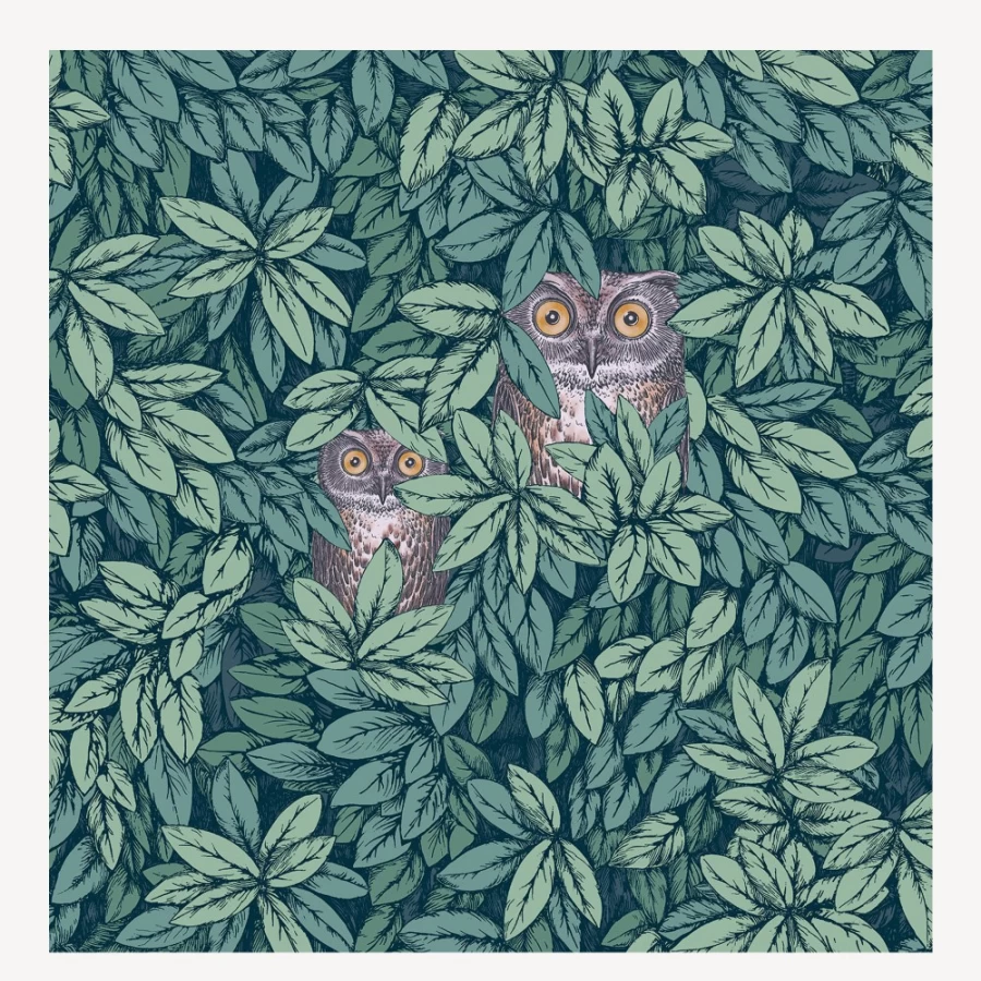 Fornasetti Viridian Green Wallpaper with Leaves and Owls Design