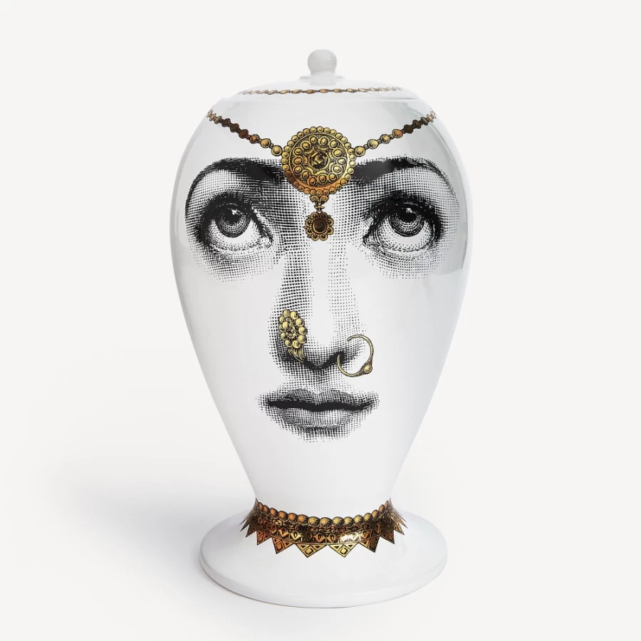 Fornasetti White Black Gold Bollywood Decorative Vase - Hand-Painted Ceramic Collectible
