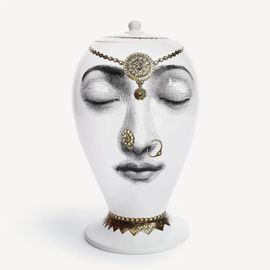 Fornasetti White Black Gold Bollywood Decorative Vase - Hand-Painted Ceramic Collectible