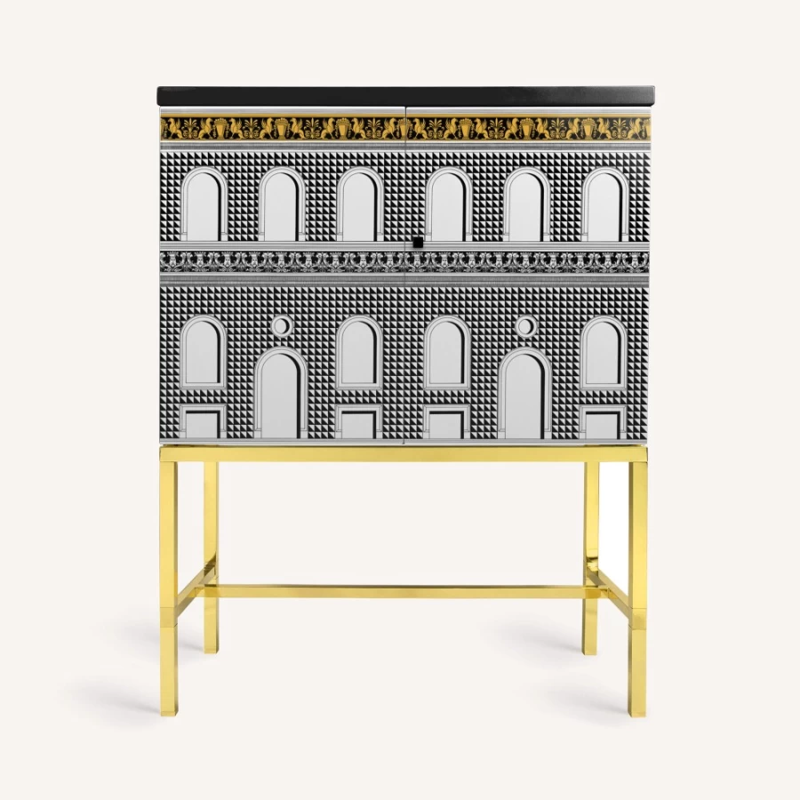 Fornasetti Facciata Quattrocentesca Raised Small Sideboard in White, Black, and Yellow