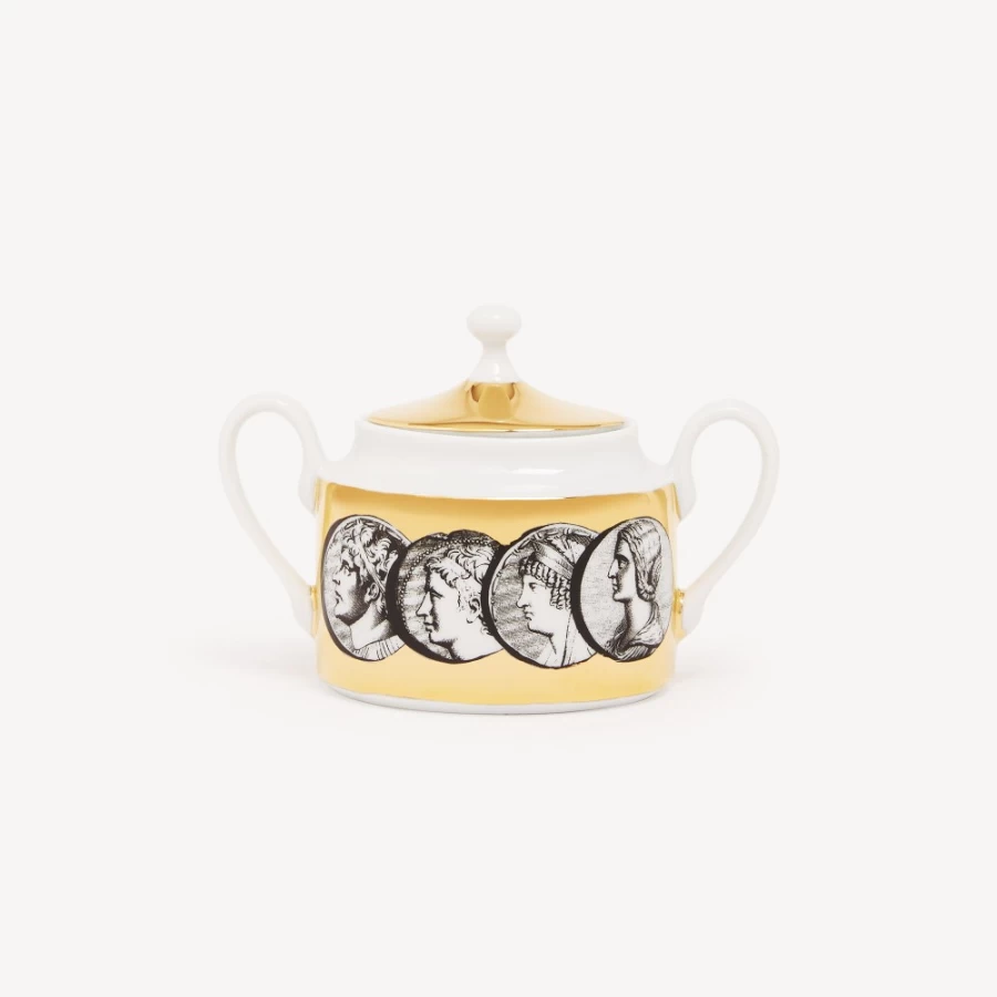 Fornasetti Cammei Sugar Bowl in White, Black & Gold - Decorative Ceramic Collectible