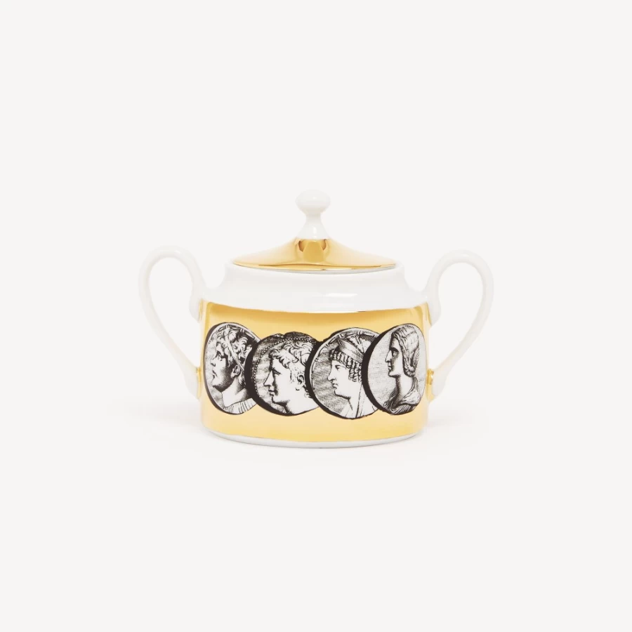 Fornasetti Cammei Sugar Bowl in White, Black & Gold - Decorative Ceramic Collectible
