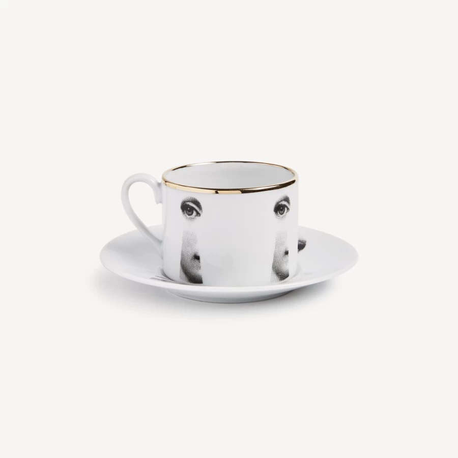 Fornasetti Tea Cup "Tema E Variazioni Serratura" in White, Black & Gold - Collectible Porcelain Cup