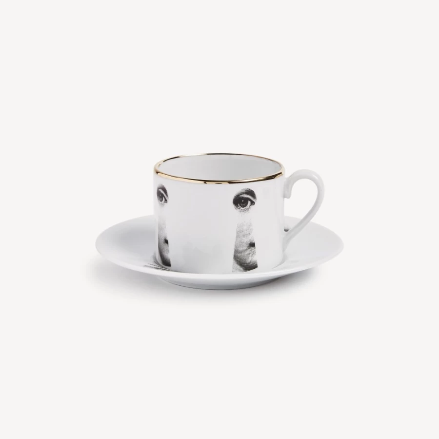 Fornasetti Tea Cup "Tema E Variazioni Serratura" in White, Black & Gold - Collectible Porcelain Cup