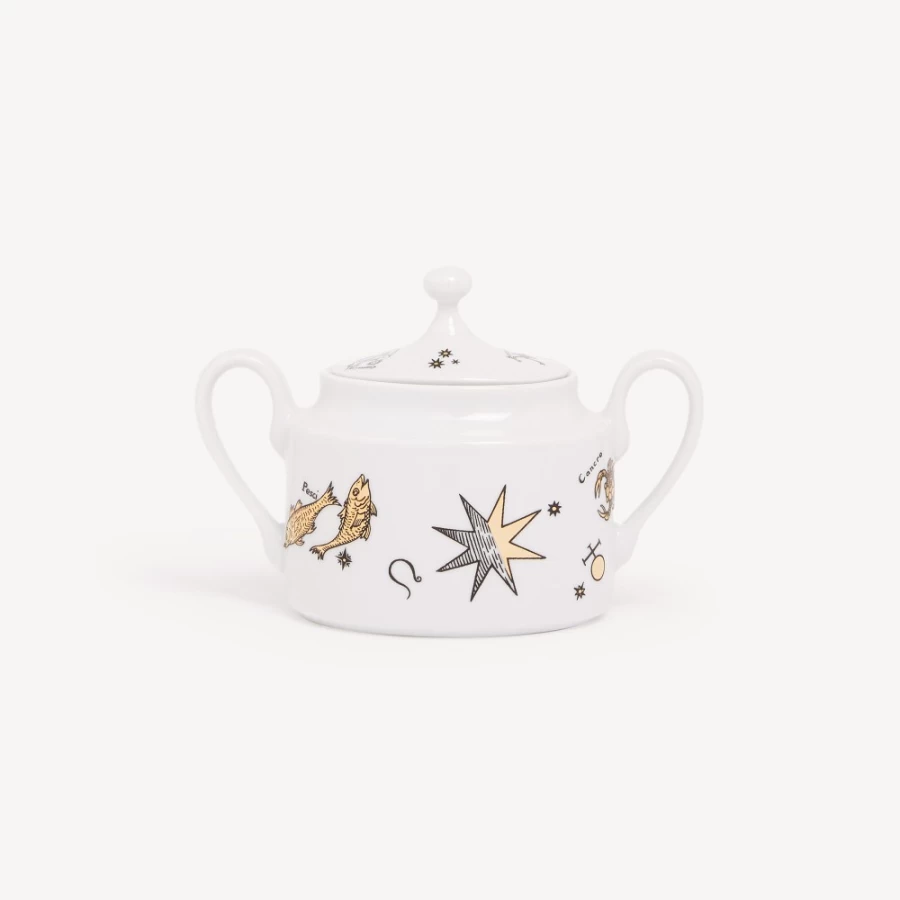 Fornasetti White Black Gold Sugar Bowl Astronomici Porcelain Decorative Collectible