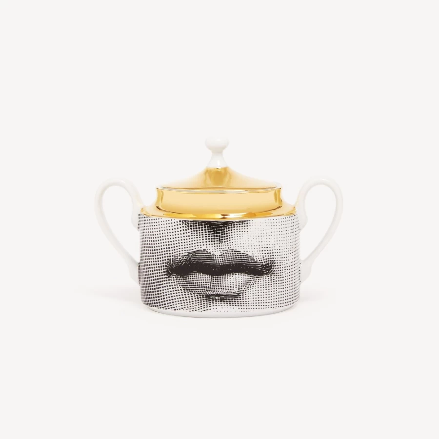 Fornasetti White Black Gold Sugar Bowl Tema E Variazioni Porcelain Collectible