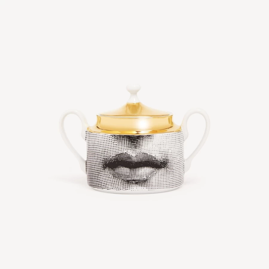 Fornasetti White Black Gold Sugar Bowl Tema E Variazioni Porcelain Collectible
