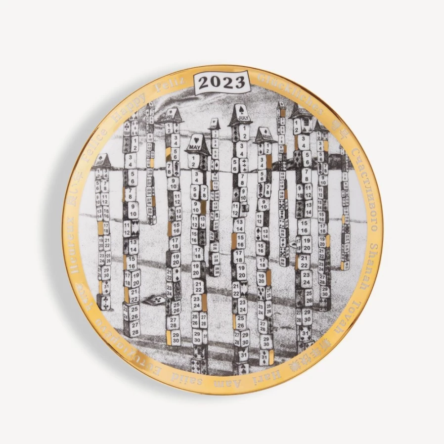 Fornasetti 2023 Calendar Plate in White, Black & Gold - Decorative Collector's Item