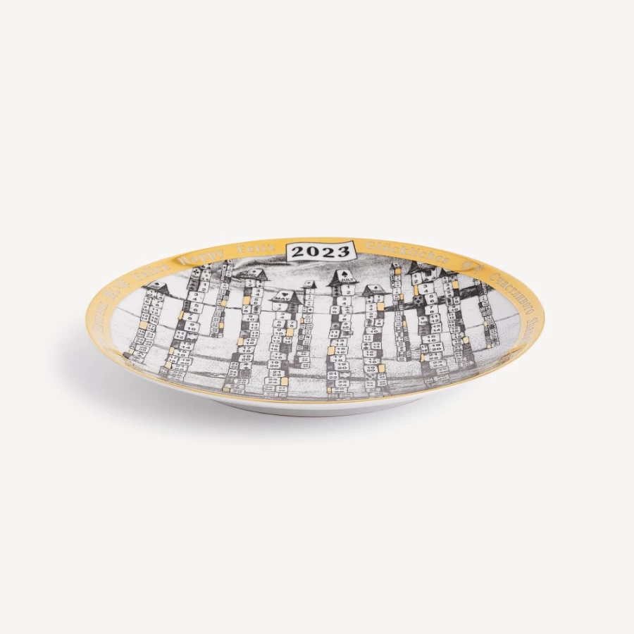 Fornasetti 2023 Calendar Plate in White, Black & Gold - Decorative Collector's Item
