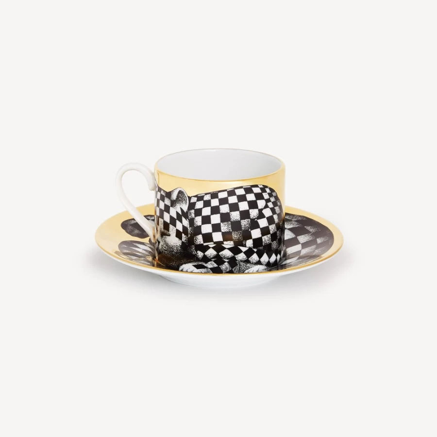 Fornasetti Quadrettato Tea Cup in White, Black, and Gold - High Fidelity Ceramic Collectible