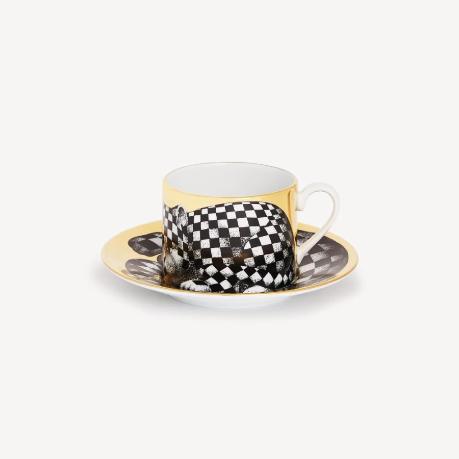 Fornasetti Quadrettato Tea Cup in White, Black, and Gold - High Fidelity Ceramic Collectible