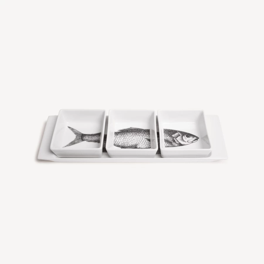Fornasetti White and Black Pesci Appetizer Set - Elegant Ceramic Appetizer Plates