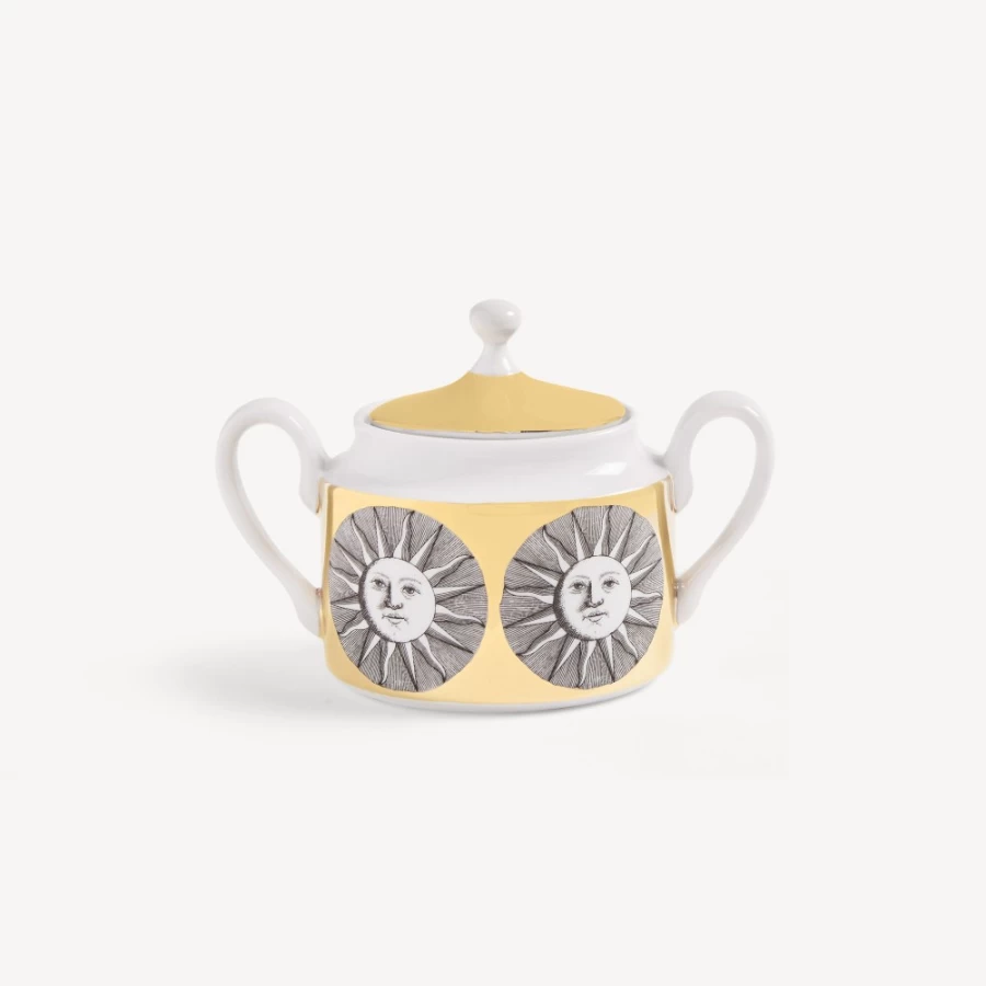 Fornasetti White Black Gold Sugar Bowl Sole Decorative Porcelain Collectible