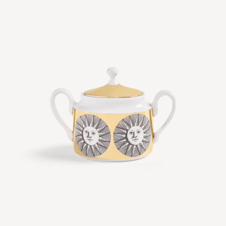 Fornasetti White Black Gold Sugar Bowl Sole Decorative Porcelain Collectible