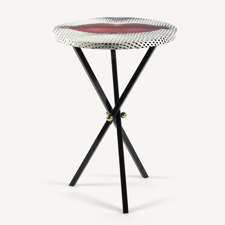 Fornasetti Bocca Coffee Table in White, Black, and Red - Designer Lips Motif Side Table