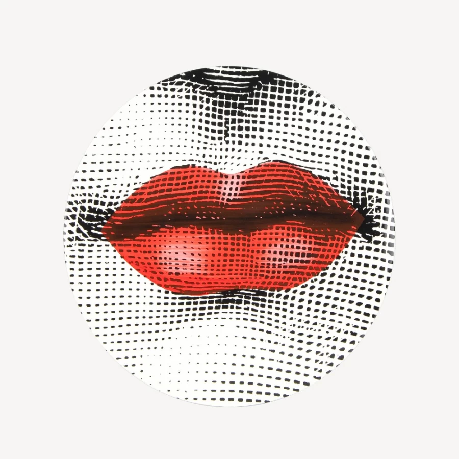 Fornasetti Bocca Coffee Table in White, Black, and Red - Designer Lips Motif Side Table
