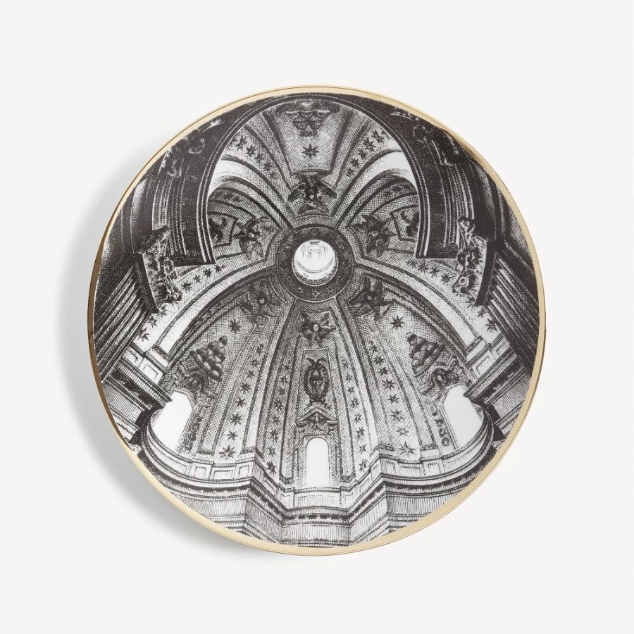 Fornasetti White Black Gold Plate Cupola S.Ivo Sapienza Roma Decorative Collectible