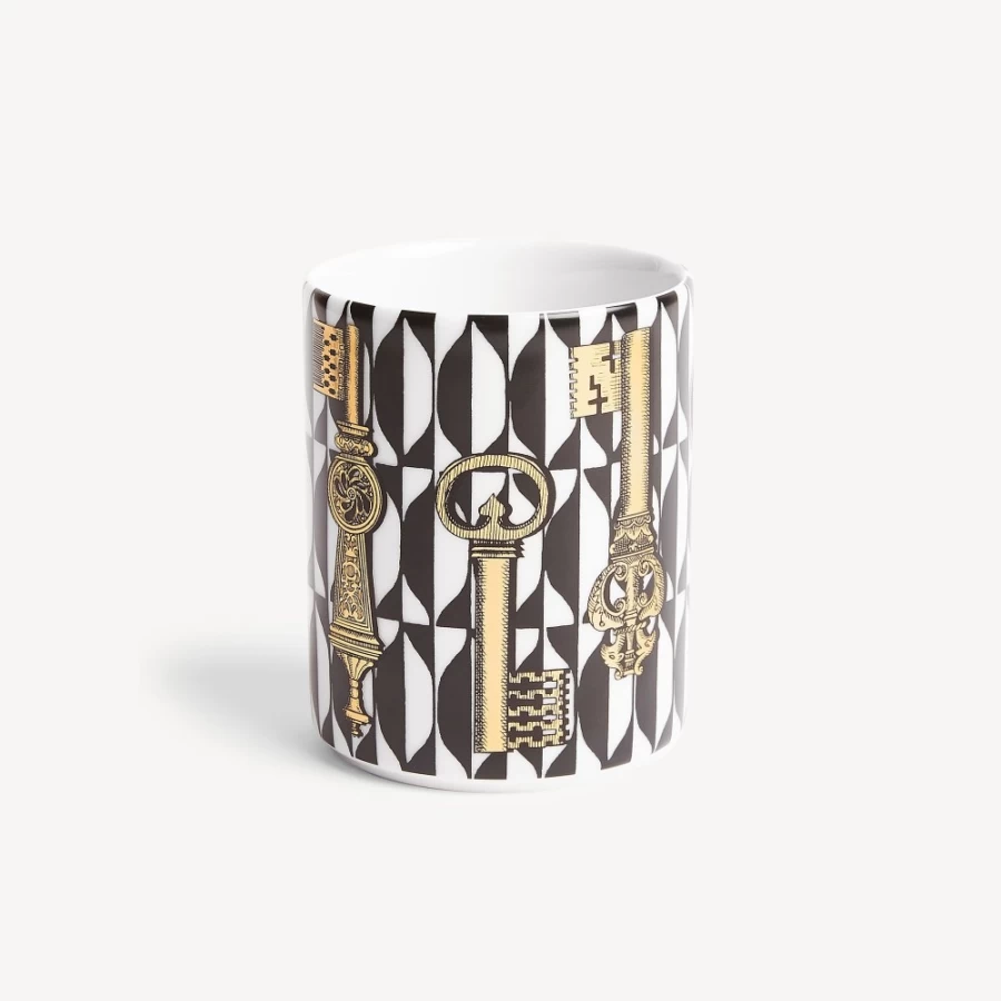 Fornasetti White Black Gold Pencil Holder - Chiavi And Losanghe Design