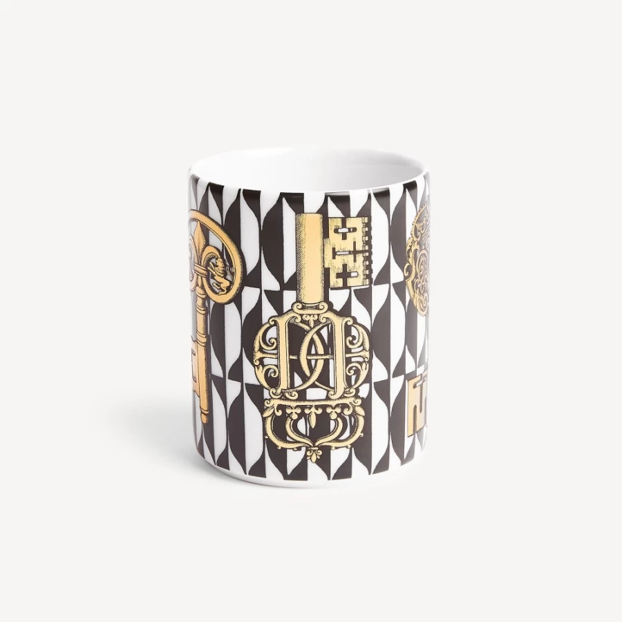 Fornasetti White Black Gold Pencil Holder - Chiavi And Losanghe Design