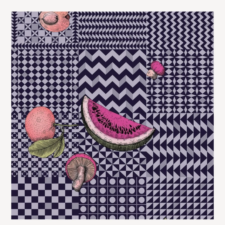 Fornasetti Wallpaper Frutta E Geometrico Design in Magenta & Ink Colors