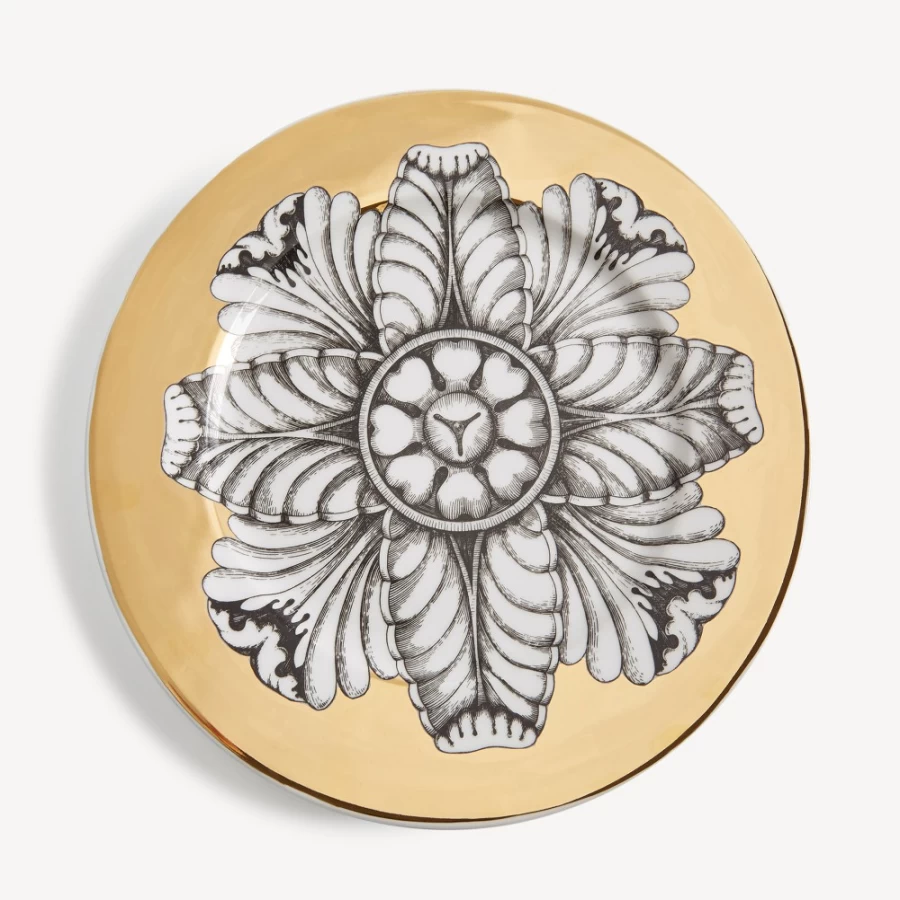 Fornasetti Rosone N.5 Rim Plate in White, Black, and Gold - Decorative Ceramic Collectible