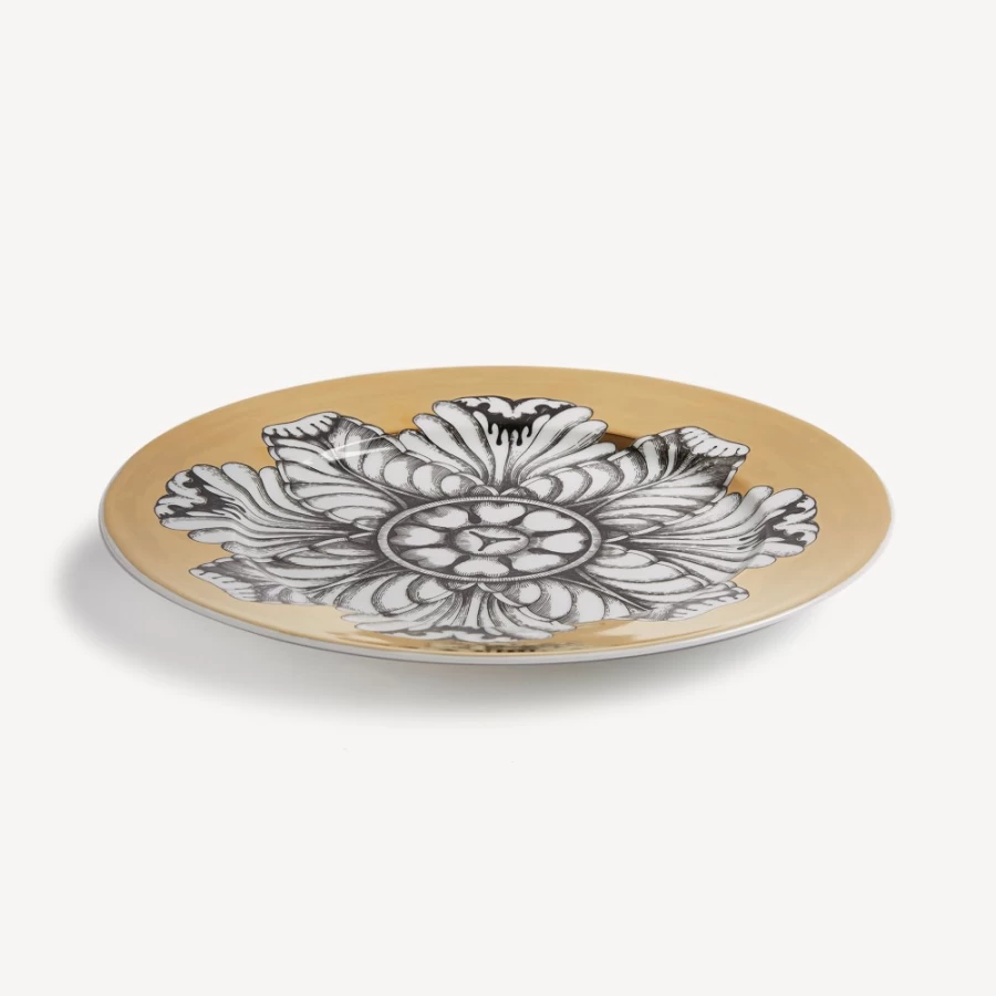 Fornasetti Rosone N.5 Rim Plate in White, Black, and Gold - Decorative Ceramic Collectible