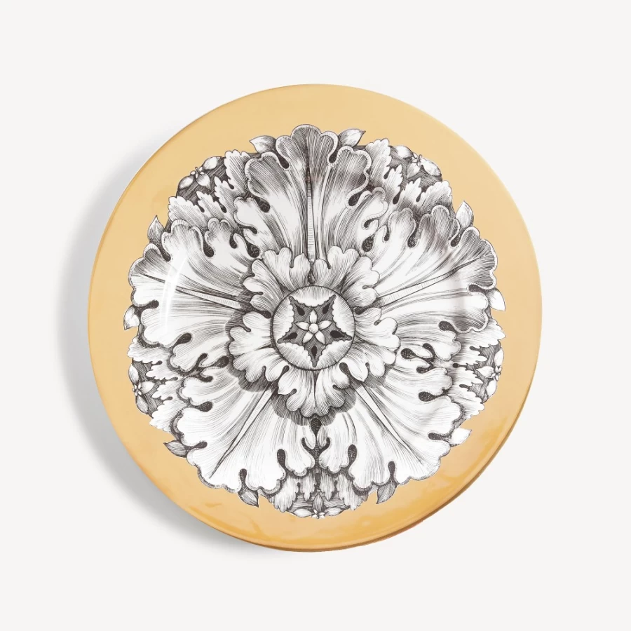 Fornasetti Rosone N.3 Decorative Rim Plate in White, Black & Gold - Classic Ceramic Collectible