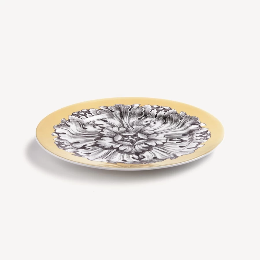 Fornasetti Rosone N.3 Decorative Rim Plate in White, Black & Gold - Classic Ceramic Collectible