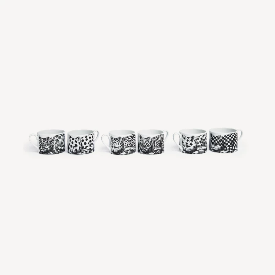 Fornasetti Set of 6 High Fidelity Tea Cups in White & Black - Porcelain Collectibles