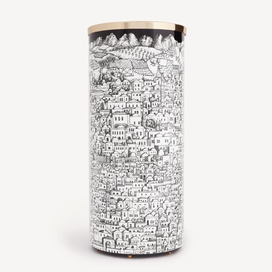 Fornasetti White and Black Gerusalemme Umbrella Stand - Stylish Designer Holder for Home Decor