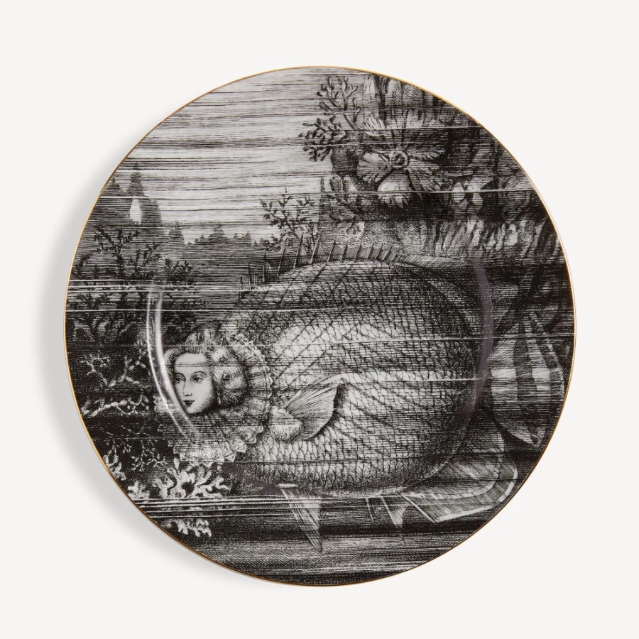 Fornasetti Sirene No.3 Rim Plate in White, Black, and Gold - Decorative Ceramic Collectible