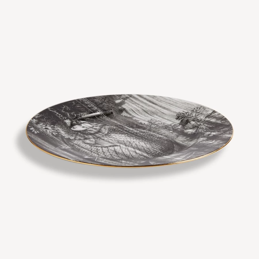 Fornasetti Sirene No.3 Rim Plate in White, Black, and Gold - Decorative Ceramic Collectible