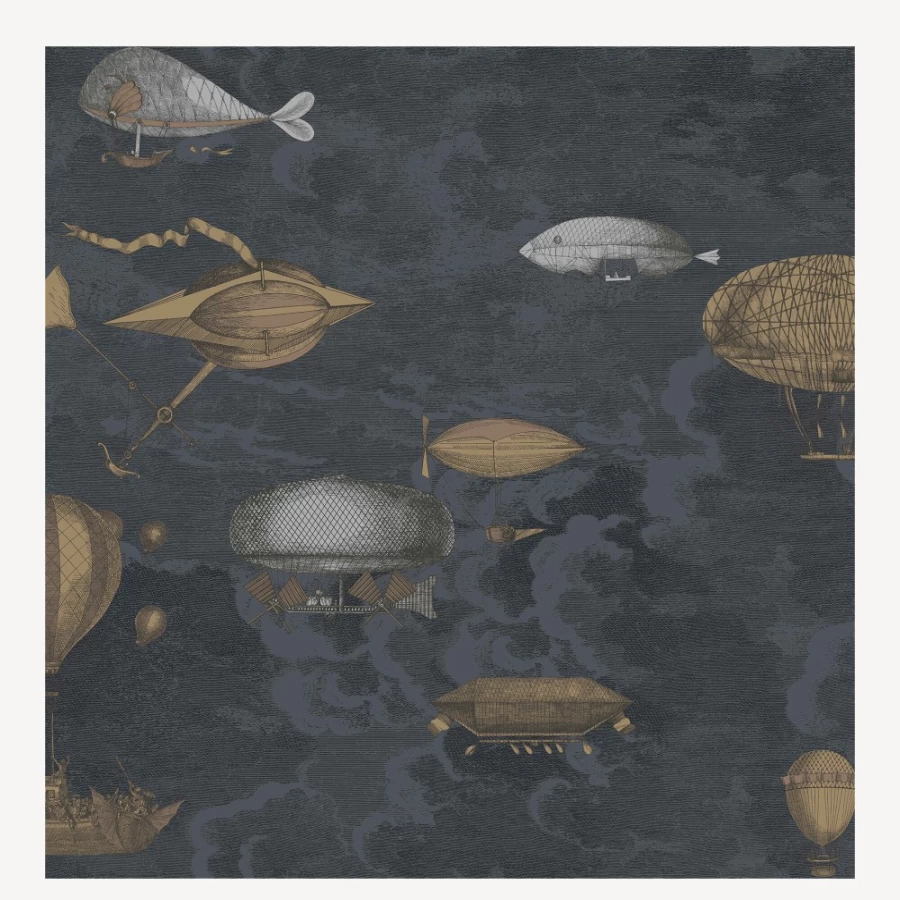 Fornasetti Wallpaper Macchine Volanti 2-Roll Set - Midnight & Metallics Design