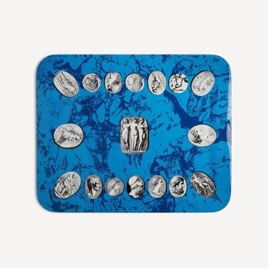 Fornasetti Cammei Tray in White, Black & Azzurro - Decorative Ceramic Tray