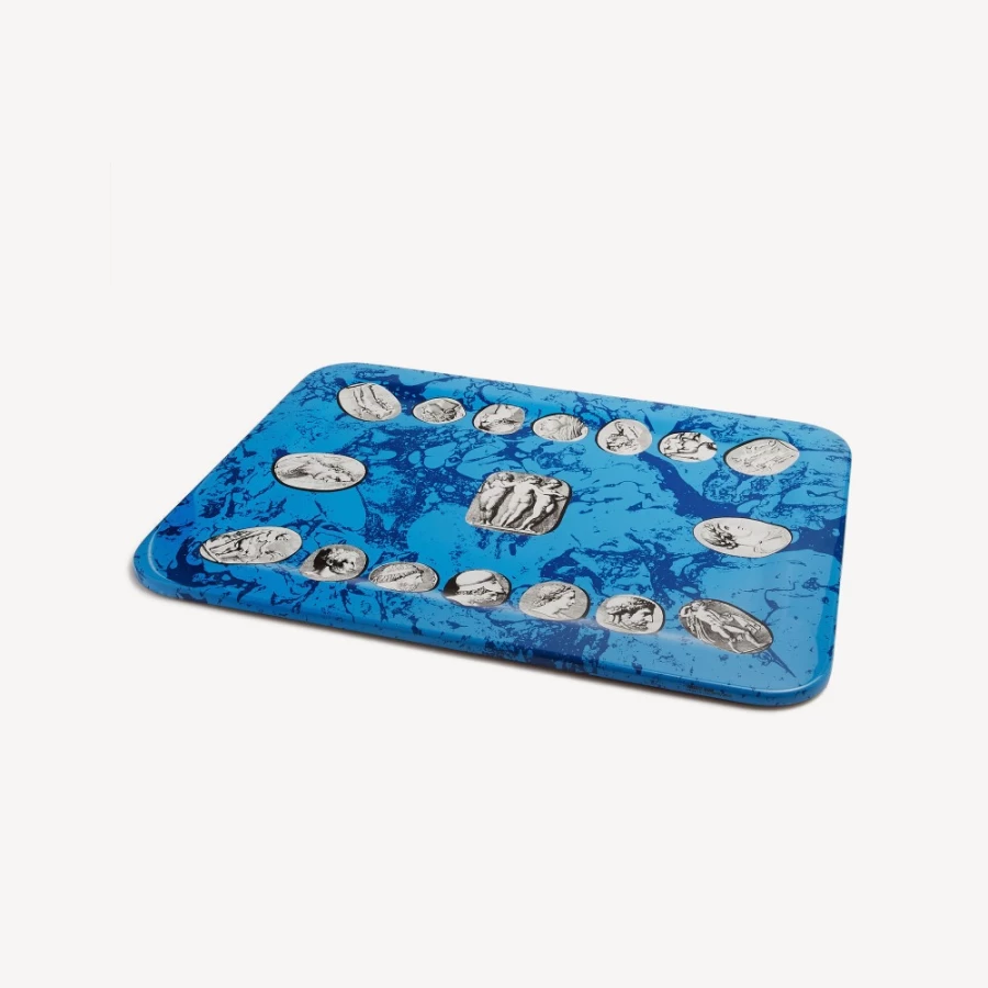 Fornasetti Cammei Tray in White, Black & Azzurro - Decorative Ceramic Tray