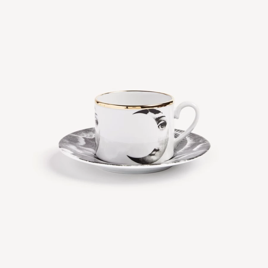 Fornasetti Tea Cup "Tema E Variazioni Sole E Luna" in White, Black & Gold - Collectible Ceramic Cup