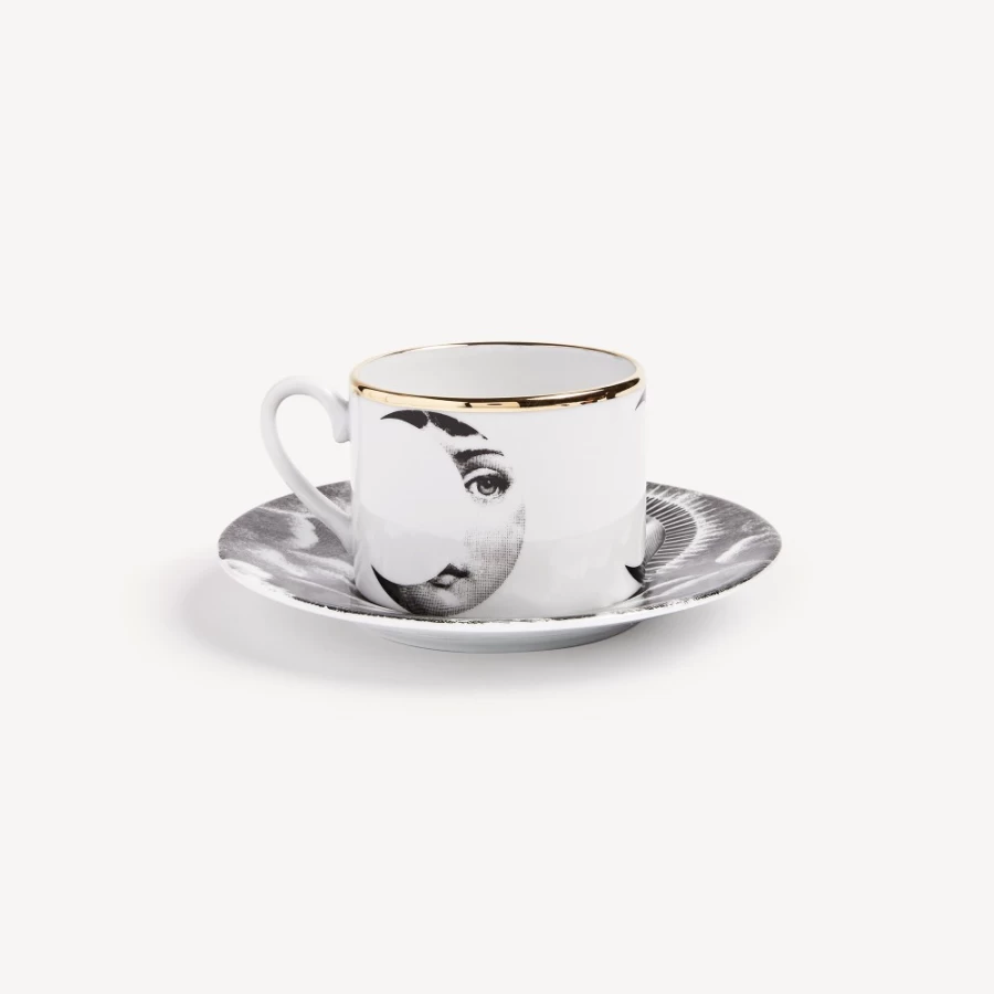 Fornasetti Tea Cup "Tema E Variazioni Sole E Luna" in White, Black & Gold - Collectible Ceramic Cup