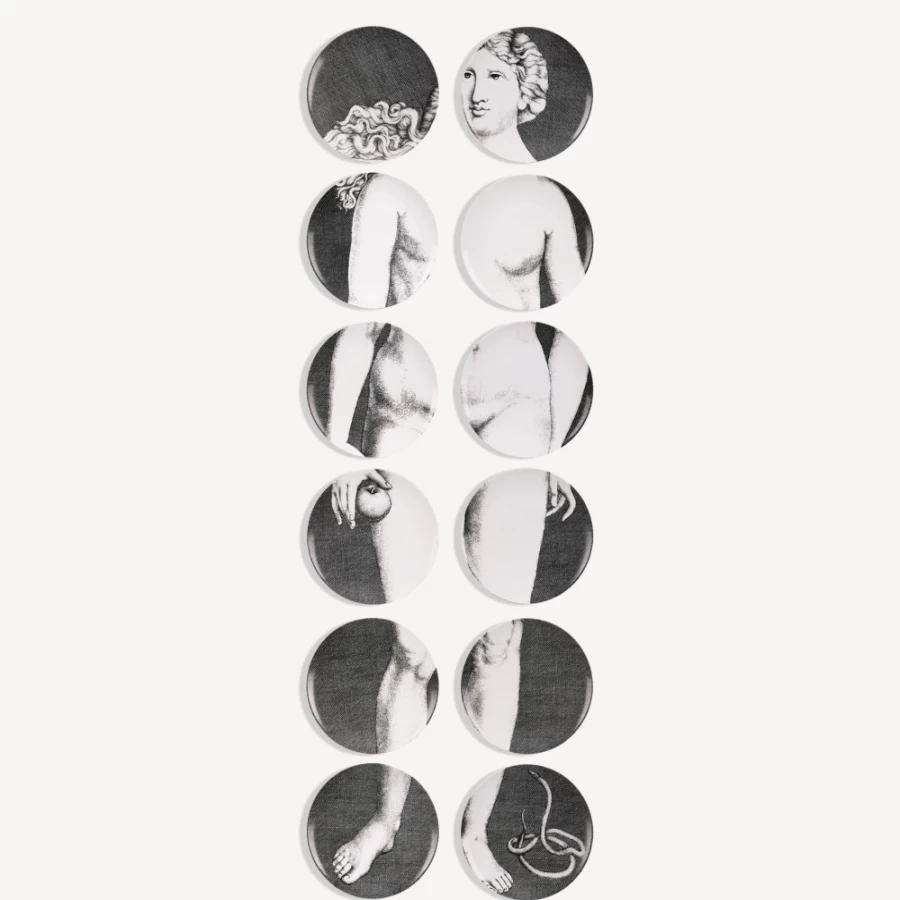 Fornasetti Eve White and Black Ceramic Plate Set of 12