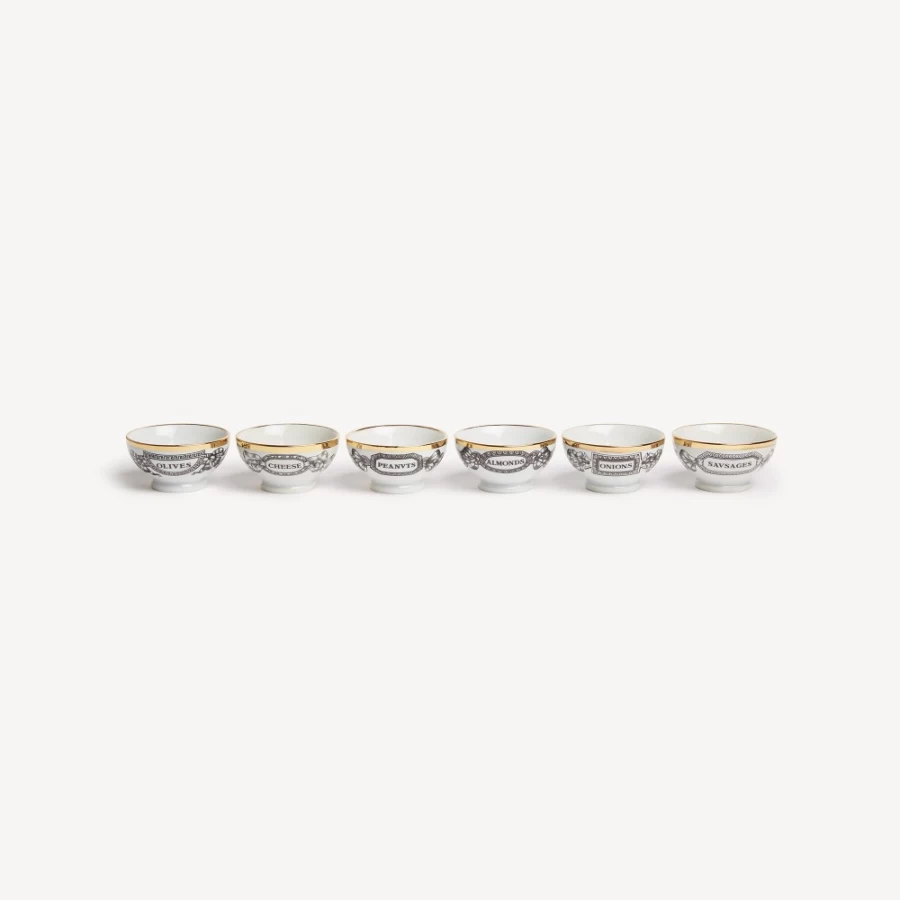 Fornasetti Set of 6 Appetizer Bowls in White, Black & Gold - Elegant Serving Dishes for Entertaining