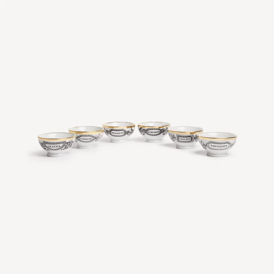 Fornasetti Set of 6 Appetizer Bowls in White, Black & Gold - Elegant Serving Dishes for Entertaining