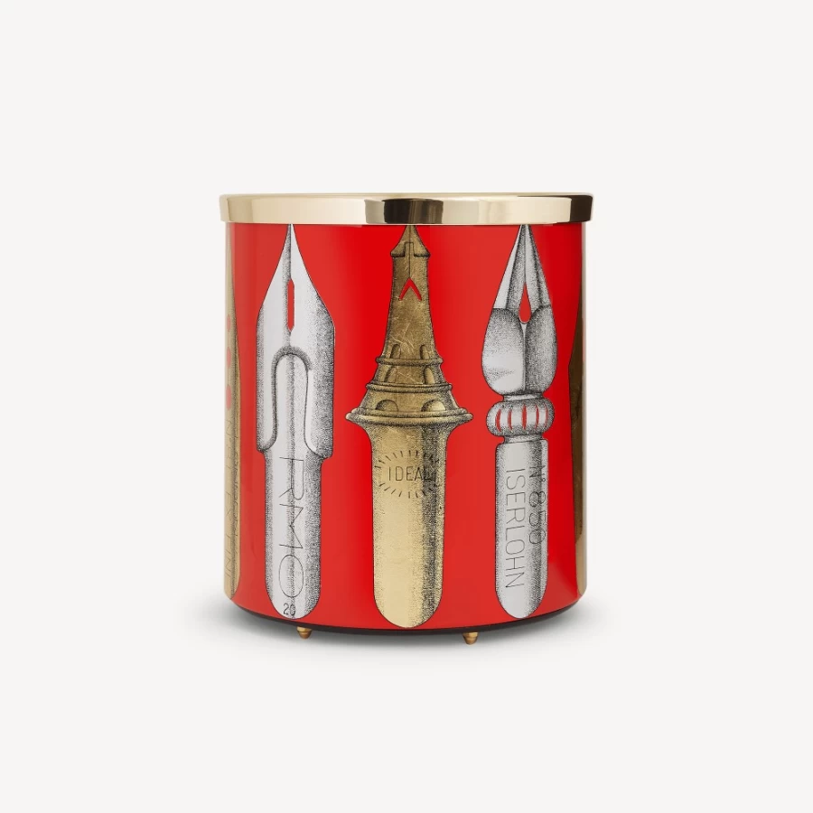 Fornasetti Pennini Paper Basket in Gold, Silver, and Red - Decorative Storage Bin