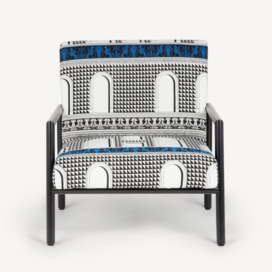 Fornasetti Facciata Quattrocentesca Outdoor Armchair in White, Black & Turquoise - Modern Garden Furniture