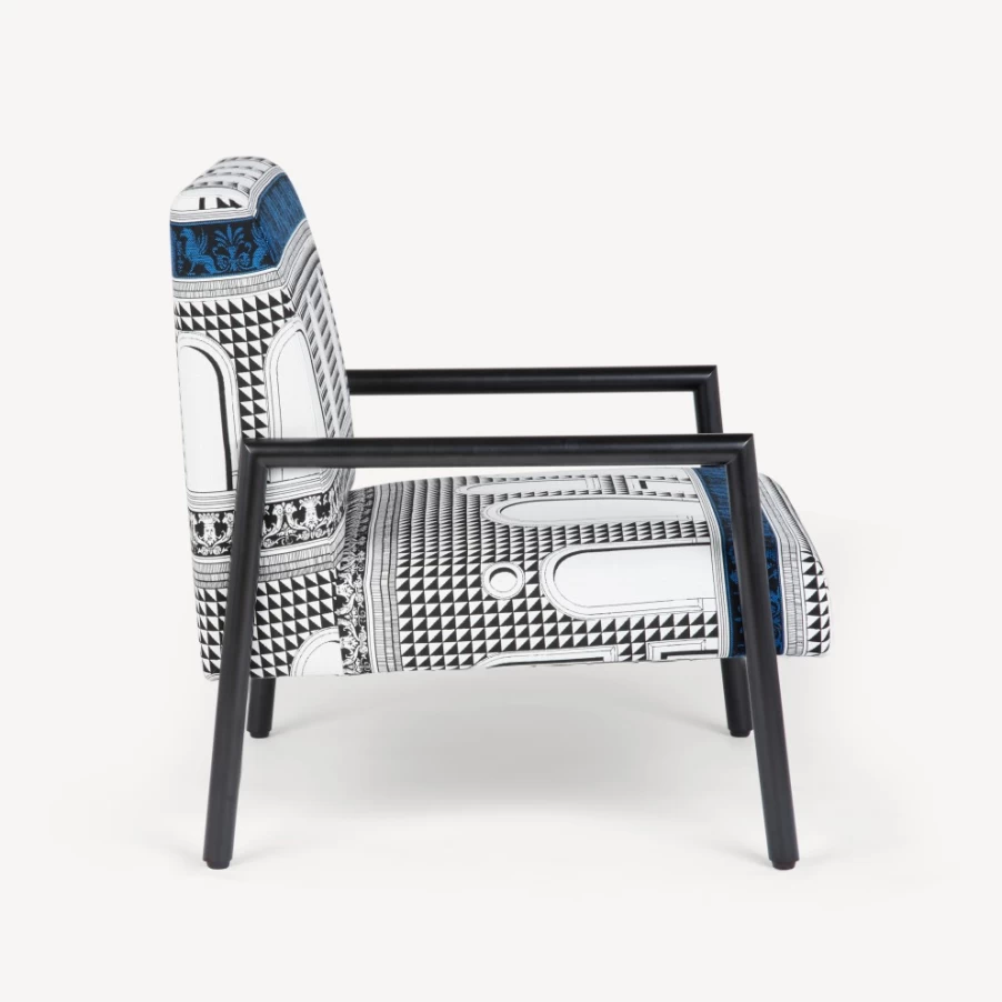 Fornasetti Facciata Quattrocentesca Outdoor Armchair in White, Black & Turquoise - Modern Garden Furniture