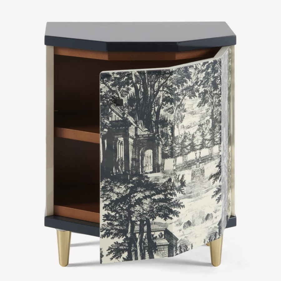 Fornasetti Blue Ivory Giardino Settecentesco Night Stand Polyhedral Side Table