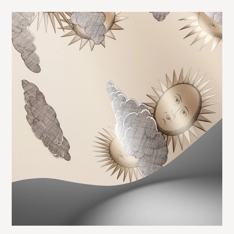 Fornasetti Wallpaper Soli E Nuvole in Beige & Soft Gold - Luxury Designer Wallpaper