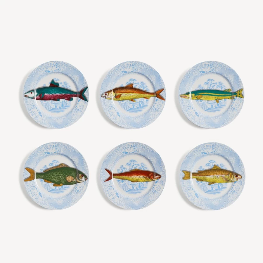 Fornasetti Set of 6 Multicolour Piscibus Plates - Decorative Collectible Tableware
