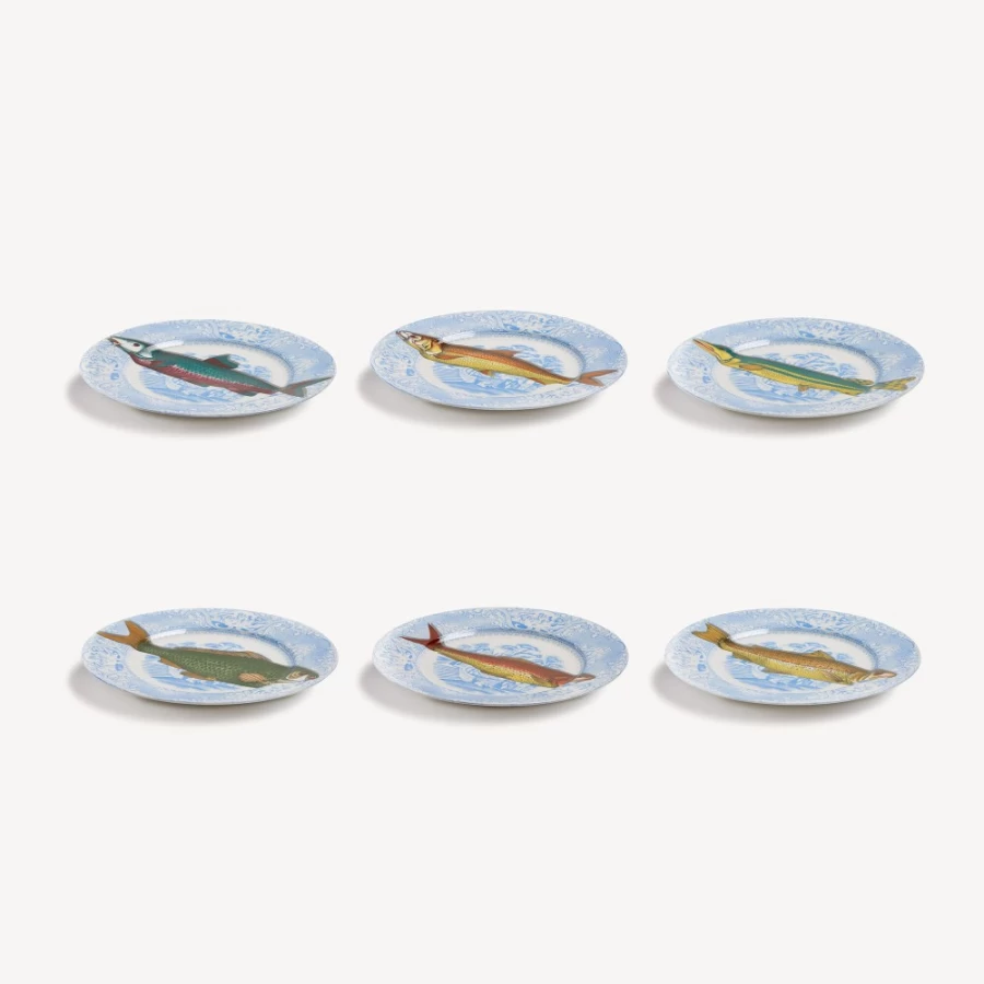 Fornasetti Set of 6 Multicolour Piscibus Plates - Decorative Collectible Tableware